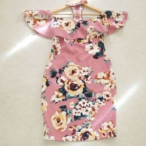 Rose Floral Scuba Off Shoulder Bodycon Dress